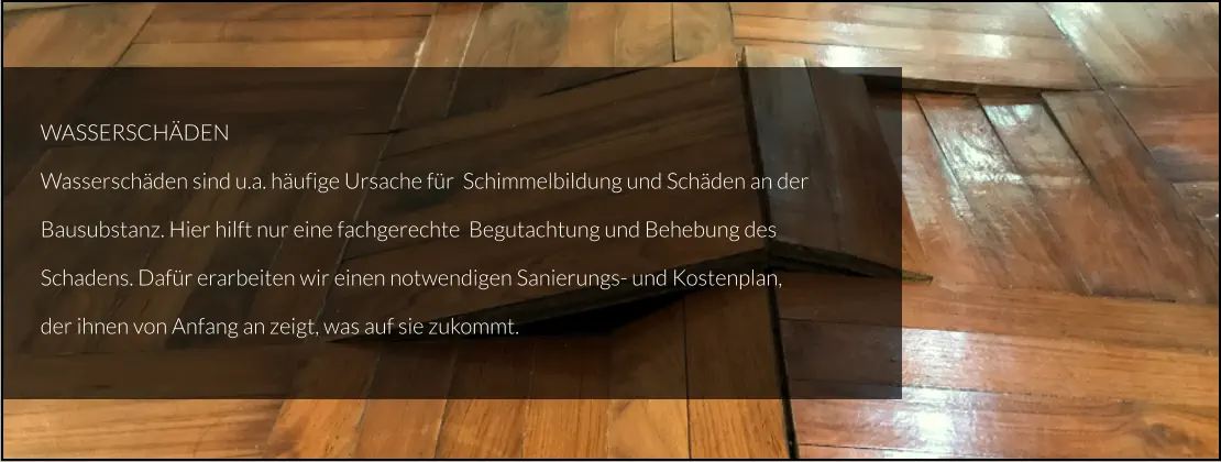 WASSERSCHÄDEN Wasserschäden sind u.a. häufige Ursache für  Schimmelbildung und Schäden an der  Bausubstanz. Hier hilft nur eine fachgerechte  Begutachtung und Behebung des  Schadens. Dafür erarbeiten wir einen notwendigen Sanierungs- und Kostenplan,  der ihnen von Anfang an zeigt, was auf sie zukommt.
